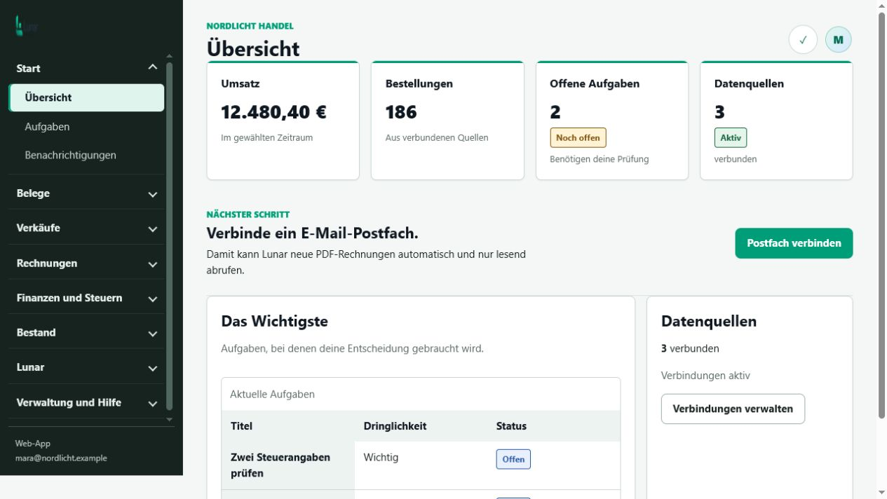 Lunar-Arbeitsbereich mit Rechnungen, Aufgaben und verbundenen Unternehmensdaten