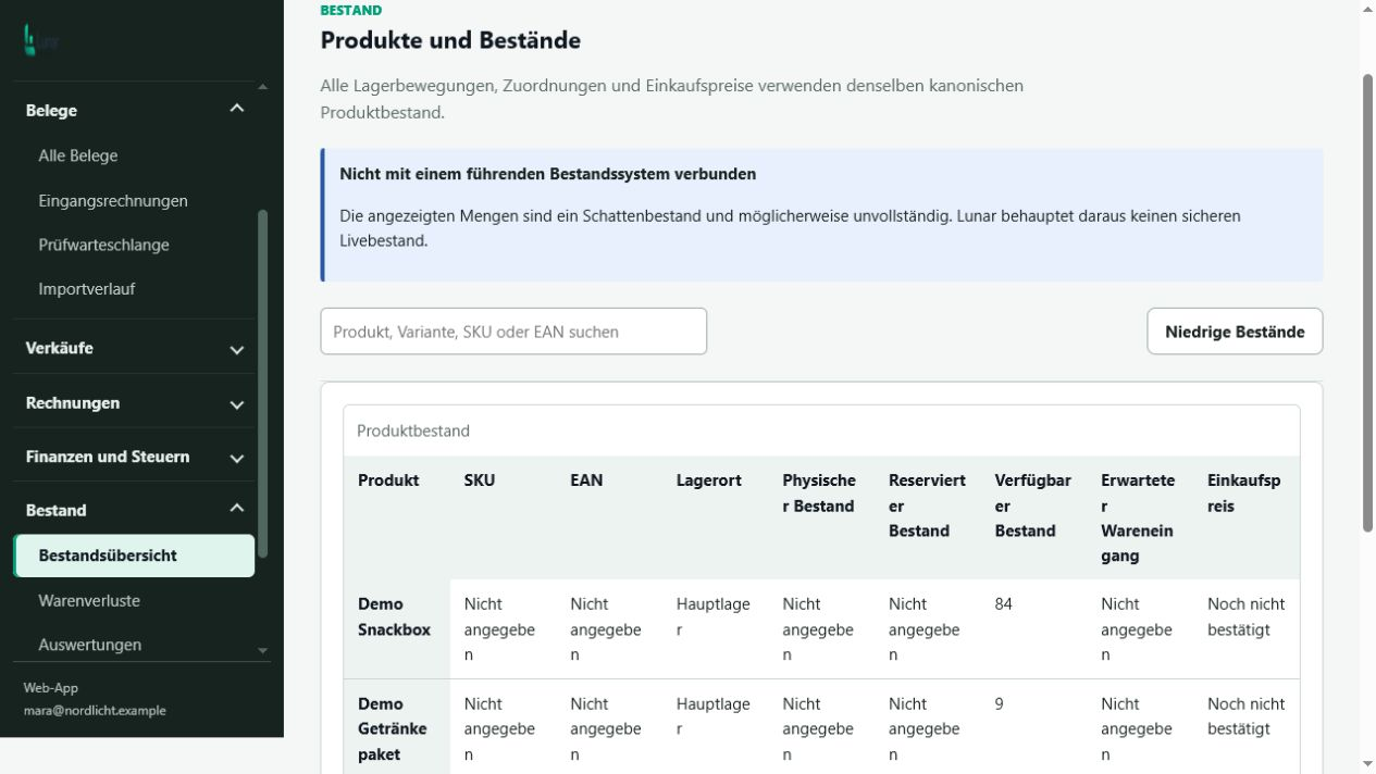 Lunar-Ansicht für Produkte, Bestände und offene Zuordnungen